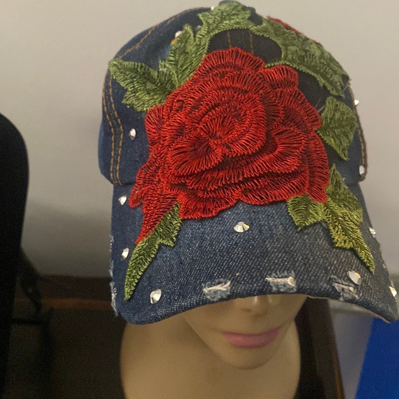 Accessories - Rose adorned Denim long brim cap hat